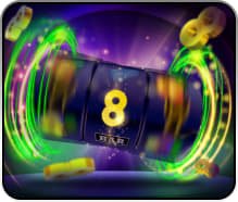 Antarmuka slot modern dengan gulungan, simbol pembayaran, dan tombol kontrol putar di platform ink789